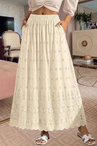 dowerme Women Summer Maxi Skirt Cute Elastic High Waist Boho Eyelet A-Line Cotton Flowy Long Skirts Spring Clothes 2026(Beige,Medium) - Thumbnail 5