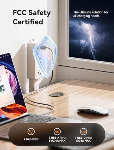Blueera 2 Pack Electrical Outlet Extender Stick Features USB-C, 2 USB-A, 2AC Outlets, 17"-36" Extandable Stick Access Hard-to-Reach, 4-Way Wall Plug Power Socket Extender Behind Couch, Nightstands - Thumbnail 2