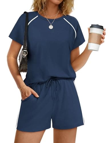Summer Outfits for Womens Lounge sets Sweatsuits 2 Piece outift Matching Sets Loungewear Sets Woman Athleisure Workout Set Spring Outfits Short Set Beach Vacation Clothes Resort Wear Navy Blue L - Thumbnail 2