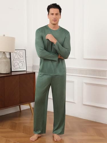 RQP Men's Pajama Sets Long Sleeve Crew Neck Lounge Set with Pockets,Light Green - Thumbnail 3