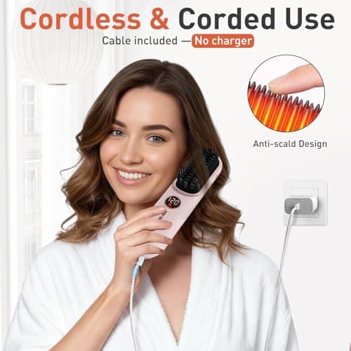 TANSHINE Go Brush Pro 2026 Cordless Hair Straightener Brush,6000mAh Type-C, Negative Ions & LCD Display - Portable Straightening Comb for Travel,Rechargeable Mini Hot Straightening Comb for Women,Pink - Thumbnail 2
