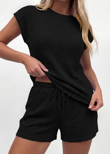 KIRUNDO Short Sets For Women 2026 Summer Cap Sleeve Two Piece Set Waffle Knit Matching Lounge Drawstring Vacation Outfits(Black, Medium) - Thumbnail 4