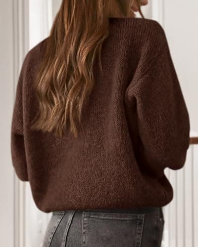 KIRUNDO Women’s Cardigans Casual Loose Button Up Long Sleeve Crewneck Knit Cardigan Sweaters Open Front Outerwear Coats(Brown, Large) - Thumbnail 2