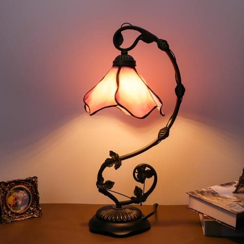 FILIUTF Stained Glass Table Lamp, Pink Flower Design 10x20 Inch Reading Light, 3 Color Temperature LED Bulb for Bedroom Living Room Office Decor - Image 1