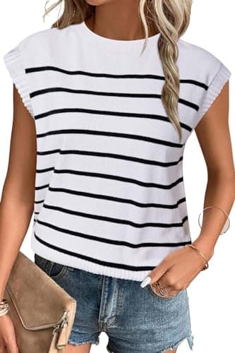 Arach&Cloz Womens Striped Sweaters Vest Spring Summer 2024 Business Casual Outfits Cap Sleeve Crew Neck Tank Tops White - Image 1