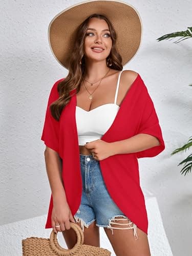 AusLook Women's Plus Size Short Sleeve Lightweight Open Front Cardigan Red 3X Cover Ups Shrugs Shawls and Wraps Kimono Jacket Coat - Thumbnail 3
