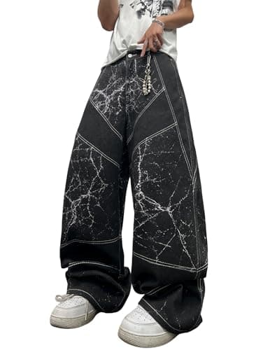 Men's Y2k Baggy Jeans Wide Leg Skater Pants Loose Fit Denim Pantalones Loose Long Trousers Streetwear Rock Black
