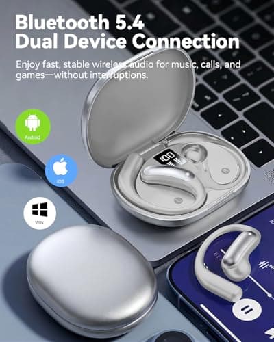 Wentronic Open Ear Headphones, Wireless Earbuds Bluetooth 5.4 with Digital Display, Secure Earhook, 48H Playtime, Enhanced Sound, Clear Calls, IP55 Waterproof Ultra-Light Sports Headphones - Silver - Thumbnail 3