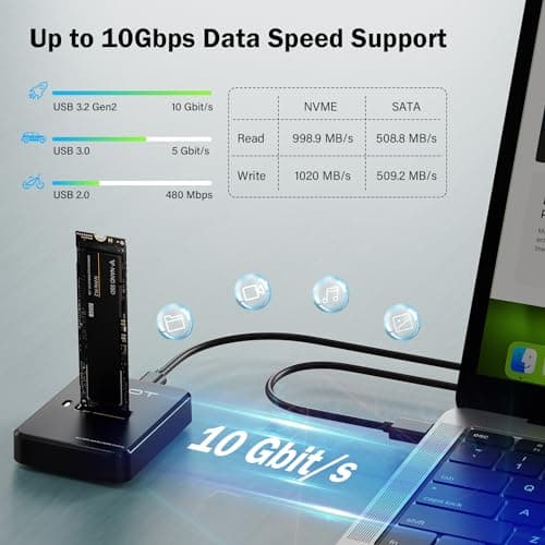 AMZPILOT Tool-Free M.2 NVMe & SATA to USB C Docking Station, 10Gbps SSD Reader Adapter for Data Rescue & External Storage, Supports M/B+M Key NVMe PCIe & SATA NGFF 2230-22110, for Laptop, PC - Thumbnail 4