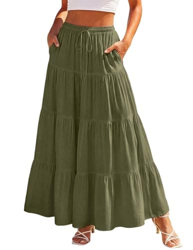 Scarlet Darkness Long Skirts for Women Flowy Boho Tiered Renaissance Maxi Skirt with Pockets Olive Green M - Image 1
