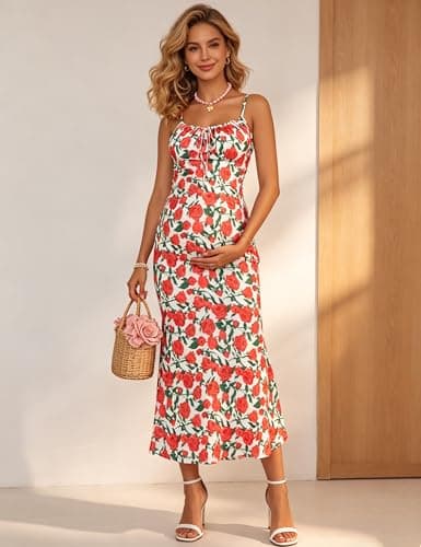 Yissang Maternity Dress Floral Print Spaghetti Strap Ruched Mermaid Maxi Dress for Baby Shower Casual Daily Wear - Thumbnail 2
