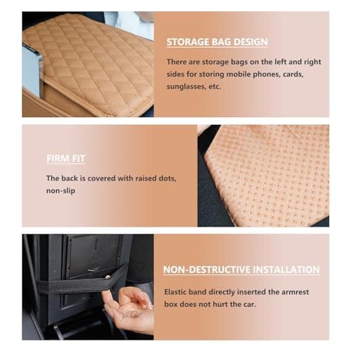 XUPEIXUN Car Center Console Cover,Microfiber Leather Car Armrest Cover Cushion with Storage Bags, Universal Car Armrest Storage Box Car Interior Accessories for Most Vehicles, Khaki - Thumbnail 3