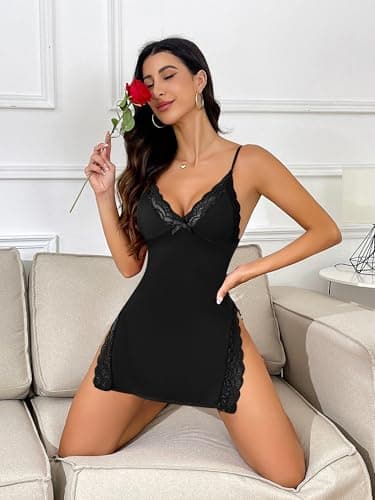 PITINAN Black Lace Nightgown Womens Lingerie Nightgowns for Women Slip Dress Lingerie Sexy Night Gowns Womens Lace Trim Slit Sleep Dress Sexy Pajamas Black XL - Thumbnail 2