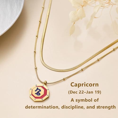 LETFLY Capricorn Zodiac Necklace for Women, 18K Gold Plated Octagon Shaped Pendant with Cubic Zirconia Adjustable Layered Snake Chain for Womens Jewelry Gifts - Thumbnail 5