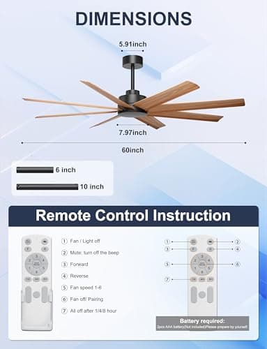 Ohniyou 60'' Ceiling Fan No Light - 8 Blades Modern Farmhouse Ceiling Fan Remote/APP Control, Covered Outdoor Ceiling Fan for Patio, Living Room, Black+Wood Color - Thumbnail 6