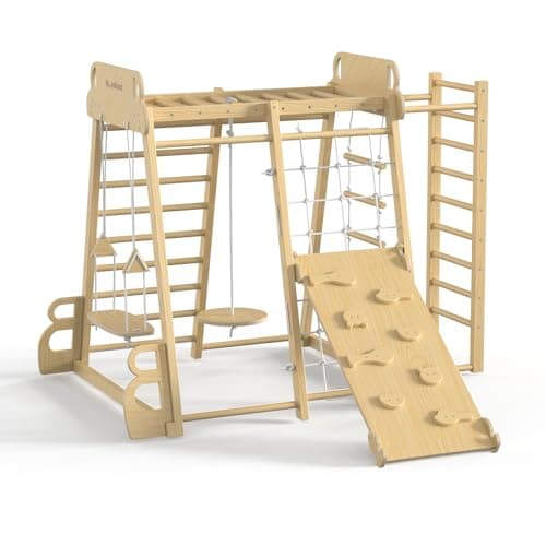 BlueWood Upgraded Indoor Jungle Gym 9-in-1 Playground Kids Climbing Toys, Waldorf Style Wooden Climber Playset with Slide, Swing, Monkey Bars, Upright/Rope Ladder, Climb Net, Natural Wood - Image 1