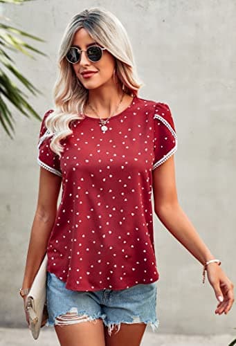 Angashion Women's Tops Casual Floral Print Lace Crochet Short Sleeve Crewneck Summer Loose Blouse Shirt Tunic Top Red White L - Thumbnail 2