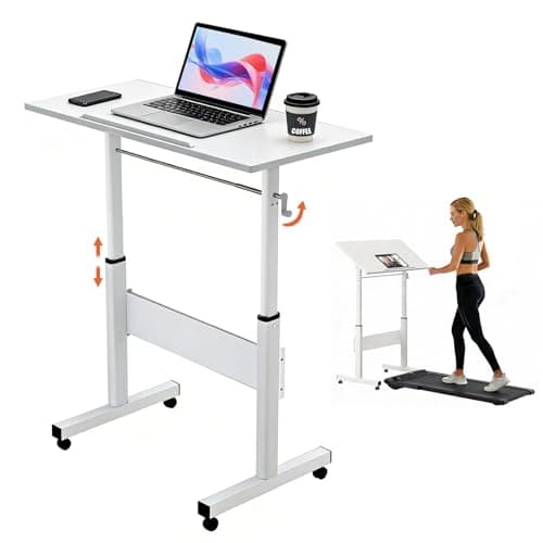 Hand Crank Small Standing Desk, Adjustable Height 27.76-40", Tiltable Tabletop with Wheels, Portable Laptop Computer Table, Rolling Podium Mobile Stand Up Desk for Walking Pad Treadmill, Home Office