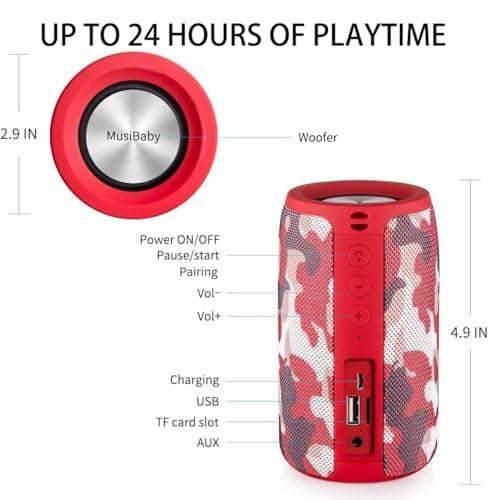 Musibaby Bluetooth Speaker Wireless Portable, IPX5 Waterproof Bluetooth Speakers with Dual Pairing, 24H Playtime, Rich Stereo Bass for Home, Travel, Party, Outdoor | Electronic Gifts (Camo Red) - Thumbnail 2