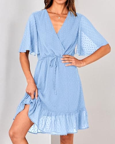 KIRUNDO Womens Summer Dresses 2026 Casual Spring Short Sleeve V Neck Ruffle Swiss Dot High Waist Belted Flowy Mini Dress, Style2-light Blue, Large - Thumbnail 3