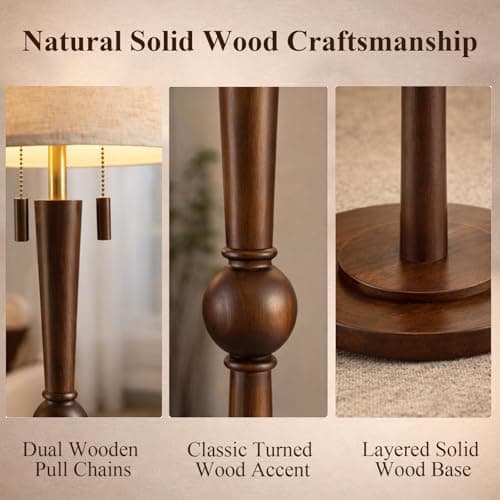 MOFFE 62.8" Solid Wood Floor Lamp,Tall Standing Floor Lamp with 2-Light Pull Chain, 17" Linen Drum Shade, Sculptural Wood Base & Stem,Transitional Floor Lamp for Living Room Bedroom, Includes 2 Bulbs - Thumbnail 3