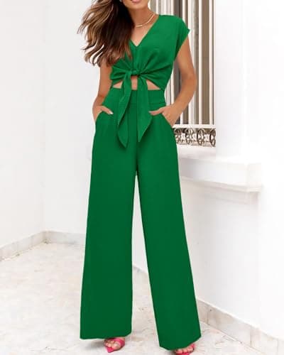 PRETTYGARDEN Women's Summer 2 Piece Outfits 2026 Cap Sleeve V Neck Belted Crop Tops Wide Leg Pant Sets Casual Tracksuit(Solid Green,Large) - Thumbnail 6