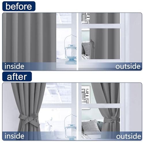 Hiasan Grey Curtains 63 inch Long Sewn with Tiebacks, Rod Pocket & Back Tab Gray Blackout Thermal Insulated Drapes, Room Darkening Curtains 2 Panels for Living Room Bedroom, 42 inch Wide - Thumbnail 6