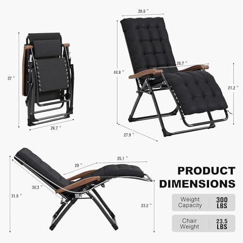 PURPLE LEAF Outdoor Reclining Chair Patio Zero Gravity Chaise Lounge Folding Chair with Removable Cushion Adjustable Headrest for Lawn Camping Beach Pool Black - Thumbnail 2