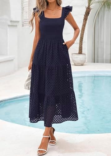 Lazysmile Womens Summer Maxi Dress Square Neck Ruffle Cap Sleeve Hollow Out Eyelet Smocked Tiered A Line Boho Sundress Navy - Thumbnail 4