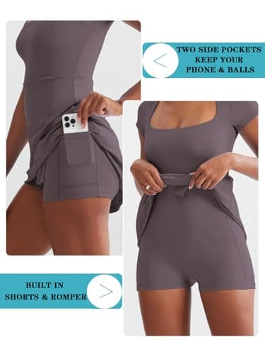 Dokuritu Womens Tennis Dresses Short Sleeve Square Neck 2024 Side Slit Double Lined Golf Athletic Dress with Built in Shorts - Thumbnail 5