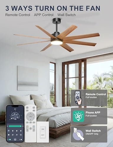Ohniyou 60'' Ceiling Fan with Light - 8 Blades Modern Farmhouse Ceiling Fan Remote/APP Control, Dimmable, Covered Outdoor Fan for Patio, Living Room, Black+Wood Color - Thumbnail 2