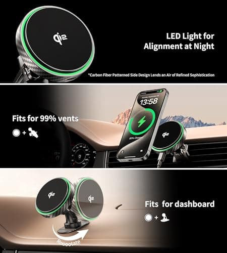 GuMosh for Magsafe Car Mount Charger 2026 New [Qi2 Certified-15W], 360° Rotatation [Dash & Vent] Wireless Car Charger, for iPhone 17 16 15 14 13 12 Series, for Magnetic iPhone Car Accessories, Black - Thumbnail 4
