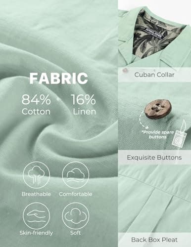 PJ PAUL JONES Mens Linen Shirt Short Sleeve Cotton Hawaiian Button Up Shirts for Men Casual Cuban Summer Beach Shirts with Pocket Light Green - Thumbnail 3