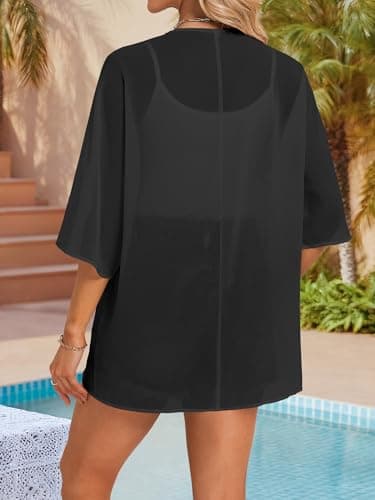 GKBK Women's Floral Print Puff Sleeve Kimono Cardigan Loose Cover Up Casual Sheer Blouse Beach Wear Oversized Tropical Cruise Business Attire Tops Trendy Outfits Fashion Clothing Black L - Thumbnail 3