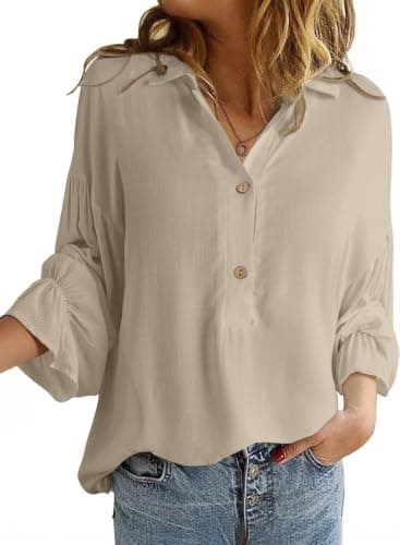 Astylish Women's Dressy Casual Blouses Business Work Linen Spring Summer Tops Plus Size Clothes Beach Trendy Long Lantern Sleeve V Neck Button-Down Oversized Henley Shirts Beige XX-Large - Image 1