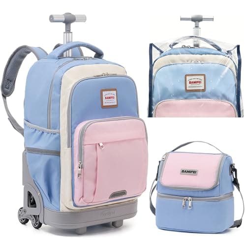 BAMIFEI 18 Inch Blue Pink Rolling Backpack for Girls, Climb Stairs Kids Rolling Backpack Carry On Wheeled School Backpack, Spacious Multiple Compartments Quiet Wheels Travel Backpack for Kids - Image 1