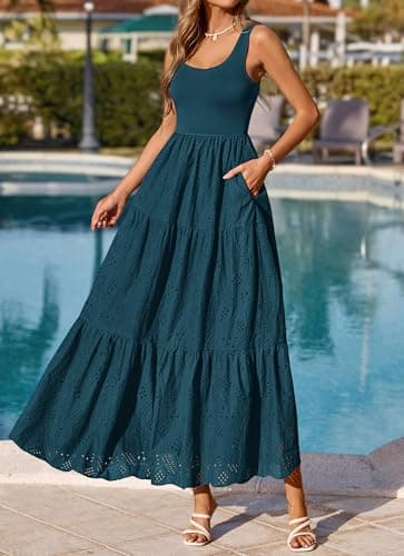 BTFBM Women Summer Eyelet Midi Dresses Casual Spring 2026 Sleeveless A Line Flowy Vacation Beach Wedding Guest Sun Dress(Dark Lake Blue, X-Large) - Thumbnail 4