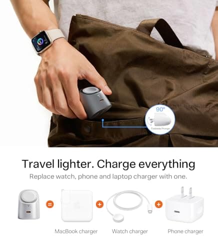 TORRAS Flasheye for Apple Watch Charger & iPhone Charger, 2-in-1 GaN 45W Phone Charger Fast Charging, 90° Foldable USB C Wall Charger Block for iPhone 17/16/15,iPad,MacBook,AirPods,Android, Space Grey - Thumbnail 3