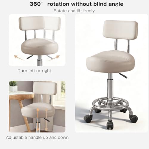 Walktory Vanity Chair with Back Small Armless Office Chair with Wheels and Footrest, PU Leather Adjustable Height Swivel Chair for Bedroom, Home Office White - Thumbnail 3