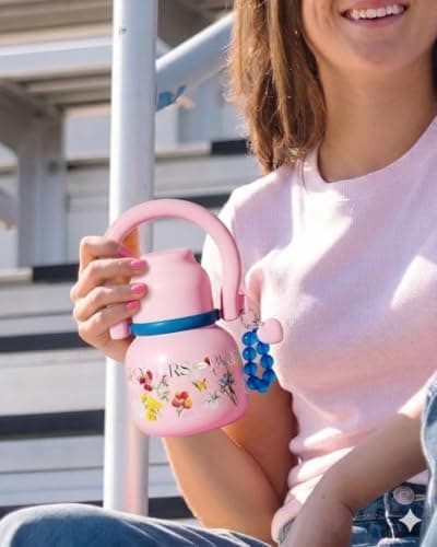 Sidagar 22 oz Water Bottle with Straw and Bowl, Unique Wide Mouth Insulated Stainless Steel Tumbler, Travel Water Cup Flask for Women, Easy Carry - Floral Pink - Thumbnail 5