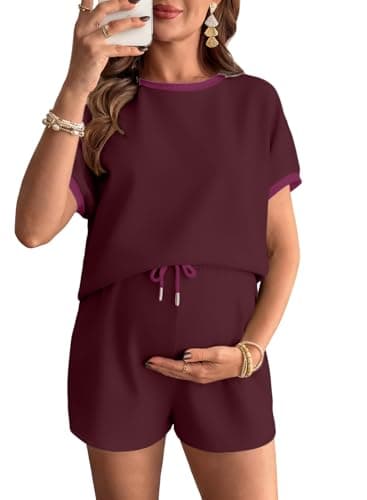 BLENCOT Womens Plus Size Pajamas Short Sleeve Tops and Shorts Set Casual Colorblock Summer Outfits Maternity Clothes with Pockets Wine Red XX-Large - Image 1