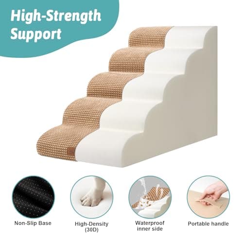 COZY KISS Extra Wide Dog Stairs 19.7" Width, Pet Step for Small/Medium/Large Dog, Puppy or Cat, Pet Ramp for High Bed or Car, High Density Foam Ladder, 19.7x33x22.4 in, Stable, 5 Step, Light Brown - Thumbnail 4
