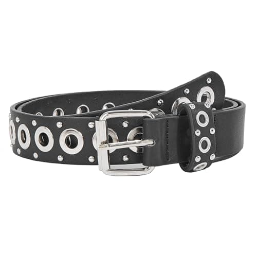 EONTISO Women Studded Leather Belt for Jeans, Punk Rock Silver Grommets Rivets, Black S - Thumbnail 2