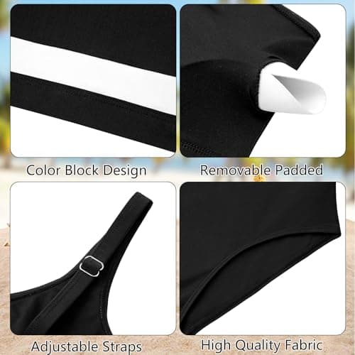 Alakuoti Girls Swimsuit Color Block Adjustable Straps Bikini Sets Teen Girl Two Piece Bathing Suits with Chest Pad Size 12 Black - Thumbnail 6