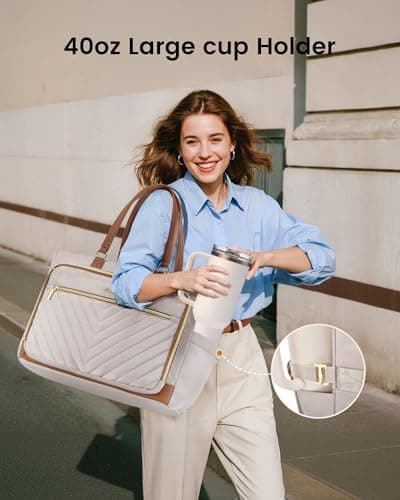 LOVEVOOK 17 Inch Laptop Teacher Tote Bag for Women, Work Nurse Bag with Large Cup Holder, Quilted Diaper Bag for Travel, Computer Women's handbags for Teacher gift, Apricot-brown - Thumbnail 3