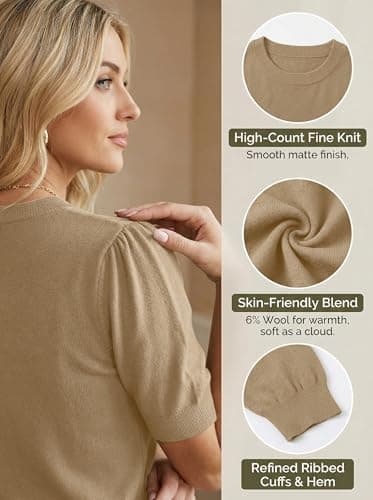 Totatuit Blouses for Women Dressy Casual Crop Short Sleeve Wool Sweater Work Ladies Travel Sweater Beige S - Thumbnail 6