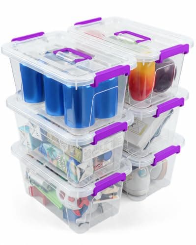 AREYZIN Plastic Storage Bins with Lids 6 Pack, 7 Quart Stackable Storage Containers with Buckle Latches, Heavy Duty Clear Organizer Bins for Home Office Supplies, Craft & Toy Storage, BPA-Free,Purple - Image 1