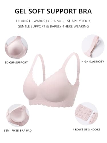 COCOMARTS Jelly Bras for Women No Underwire Scalloped Push Up Seamless Full Coverage Plunge Bralettes Wireless Tshirt Bras Pink XX-Large - Thumbnail 5