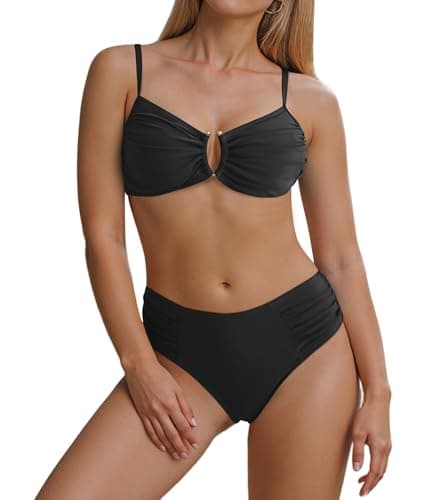Figninget Women High Waisted Bikini Sets U-Wire Cutout Popular Swimsuit High Waisted Two Piece Swimsuit 2026 Summer Beach Swim Bathing Suits Black S - Image 1