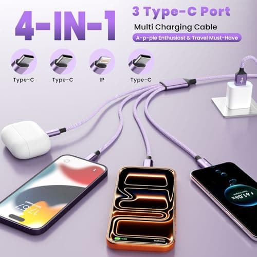 3 Type-C+1IP Port 4 in 1 Multi Charging Cable for iPhone17/14, USBC Splitter Charging Cords for Multiple Devices, Travel Essentials Car Accessories for iPhone17-6, Android, Pad and More (1Pack 5FT) - Thumbnail 2